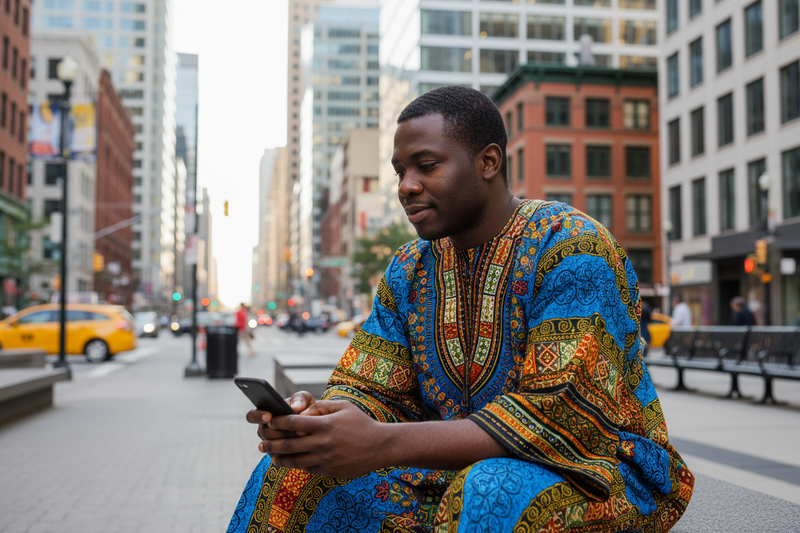 African man in african shirt sitting and scrolling on his phone wearing a african long sleeve shirt in downtown type place , close up imagebut still showing the whole body