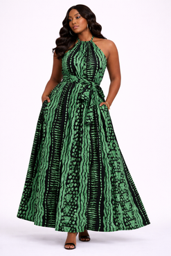 Green African Print Halter Maxi Dress