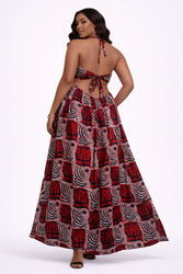 Burgundy African print Halter Maxi Dress - Open Back