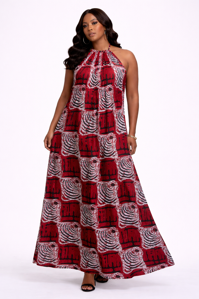 Burgundy African print Halter Maxi Dress - Open Back