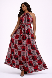 Burgundy African print Halter Maxi Dress - Open Back
