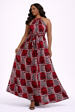 Burgundy African print Halter Maxi Dress - Open Back