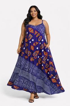 Blue orange African print  maxi dress - Flowy Cotton