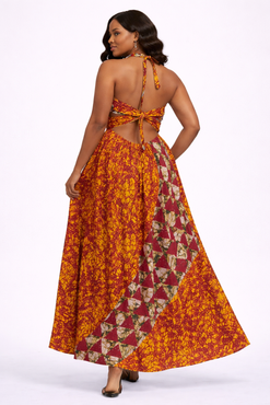 African Print Halter Maxi Dress - Open Back