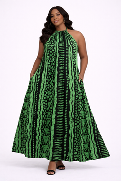 Green African Print Halter Maxi Dress