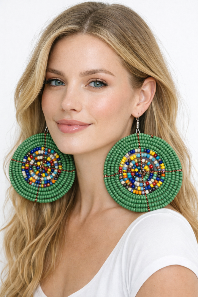 Green, Blue & Orange Beaded Earrings