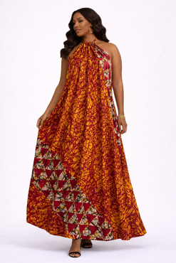 African Print Halter Maxi Dress - Open Back