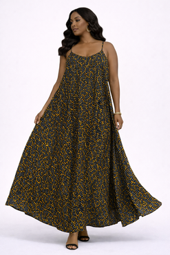 Brown and yellow African print maxi dress - Flowy Cotton